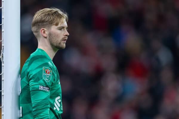 LIVERPOOL, ENGLAND - Wednesday, January 10, 2024: Liverpool's goalkeeper Caoimhin Kelleher during the Football League Cup Semi-Final 1st Leg match between Liverpool FC and Fulham FC at Anfield. Liverpool won 2-1. (Photo by David Rawcliffe/Propaganda)