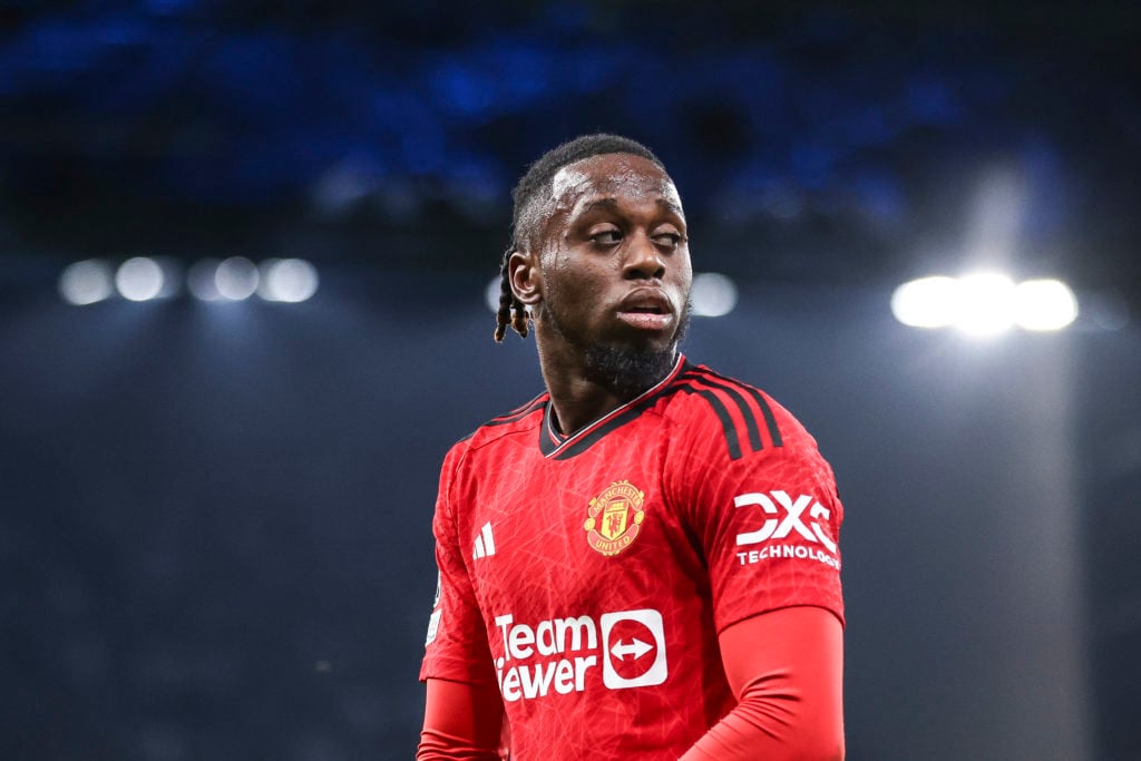 Aaron Wan-Bissaka of Manchester United looks on during the UEFA Champions League match between F.C. Copenhagen and Manchester United at Parken Stad...