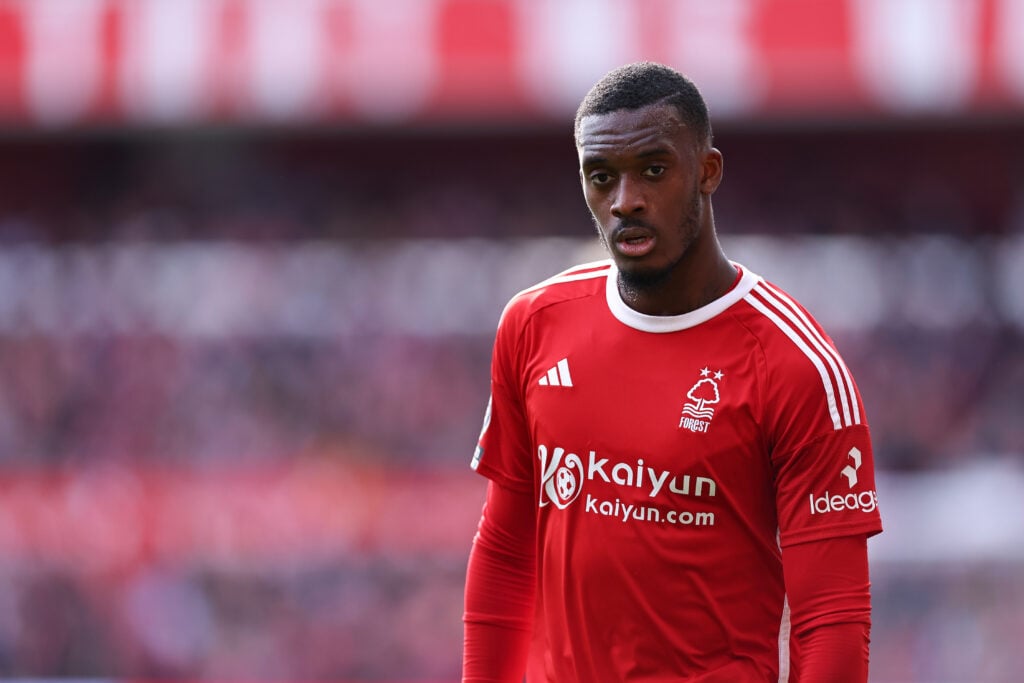 Callum Hudson-Odoi of Nottingham Forest during the Premier League match between Nottingham Forest and Manchester City at City Ground on April 28, 2...