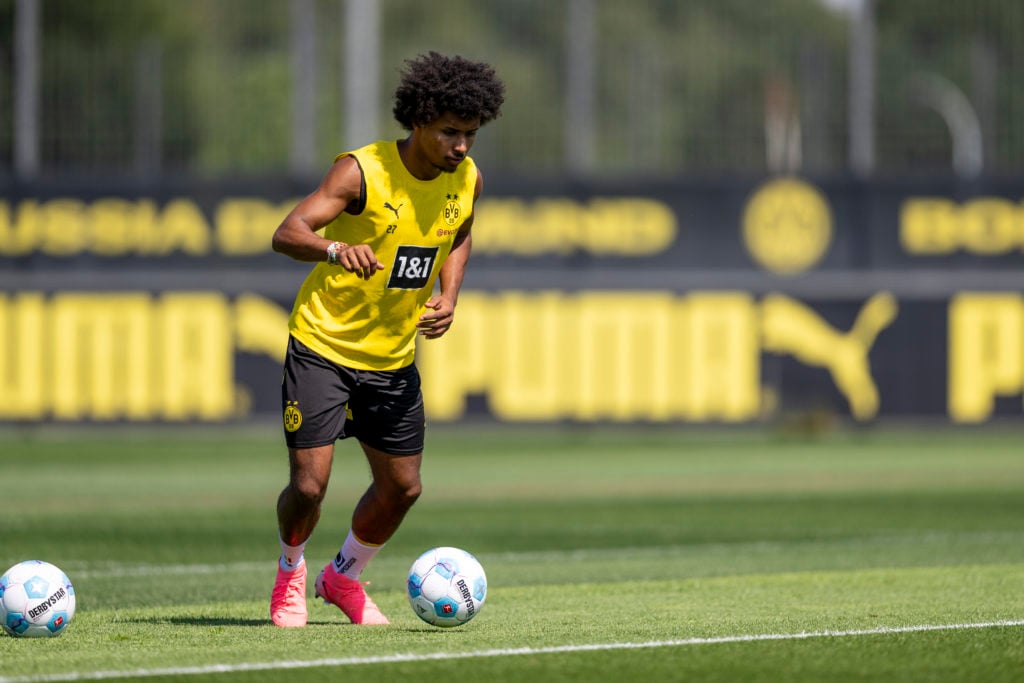 Karim Adeyemi of Borussia Dortmund during a training session on July 15, 2024 in Dortmund, Germany.