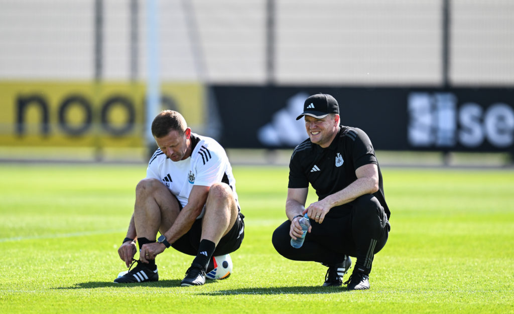 Newcastle United Head Coach Eddie Howe  (R) and Newcastle United Assistant Coach Graeme Jones  (L) during the Pre Season Friendly trip to the Adida...